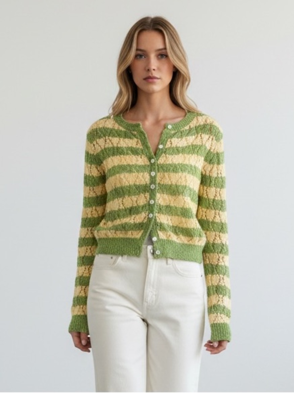 1527 • Yellow/Green Mostly Cotton Pointelle Knit Striped Shell Button Cardigan